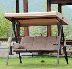 Balançoire de jardin 3 places en fer avec auvent réglable, chaise suspendue pour véranda avec support et coussin pour jardin - Product Image 1