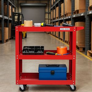 รถเข็นอเนกประสงค์เหล็กแข็งแรงทนทาน รับน้ำหนักได้ 200 ปอนด์ พร้อมล้อหมุนได้ 360 องศา 3 ชั้นวางของ ขอบชั้นวางแบบหนาปานกลาง สำหรับใส่เครื่องมือและอุปกรณ์ - Product Image 4