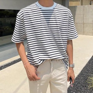 T-shirt rayé pour homme, manches courtes, col rond, décontracté, en coton tricoté, coupe classique, motif imprimé - Product Image 1