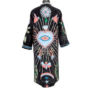 Bata Kimono de Terciopelo Negro Bordado para Mujer, Manga Tres Cuartos, Cuello en V, Estampado Floral, Cierre con Cinturón, Ropa de Dormir - Product Image 6