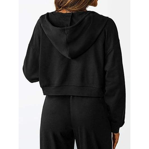<b>Women's</b> Cropped <b>Zip</b>-Up <b>Hoodie</b> Solid <b>Black</b> Drop-Shoulder Long Sleeve Knitted Cotton Autumn Casual Wear - Product Image 3