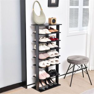 Étagère à chaussures à 7 niveaux, double rangée, réglable, anti-basculement, étroite, pour entrée ou placard, couleur noire - Product Image 6