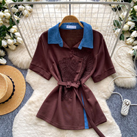 Blusas de Encaje Casuales de Verano con Cuello Peter Pan y Manga Corta para Mujer, Camisas de Encaje Sólido, Tops Casuales para Mujer, Ropa al por Mayor