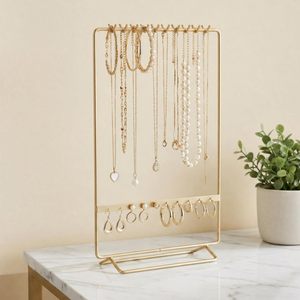 Organizador de Joyas de Metal con 11 Ganchos, 10 Orificios para Pendientes, Soporte para Collares, Estante de Almacenamiento para Pulseras y Anillos, Exhibidor de Joyas Dorado - Product Image 1