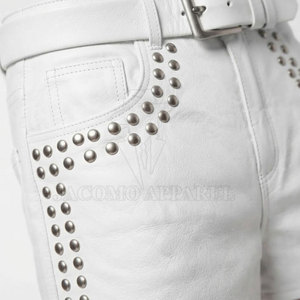 Pantalones cortos de cuero con pedrería estilo motero para hombre, de cuero auténtico, hasta la rodilla, casuales, para montar, con bolsillos, ¡los más vendidos! - Product Image 5