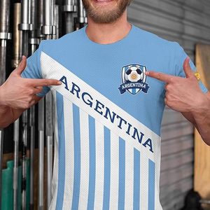 Camiseta de Fútbol de Argentina, Azul Claro con Rayas Blancas, Secado Rápido, Personalizada, de Poliéster, para Fanáticos del Deporte, Origen Importado - Product Image 4