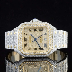 Montre Hip Hop de Luxe de Qualité Supérieure pour Homme, Cadran Carré Style Romain, Moissanite Sertie, Mouvement à Quartz, Entièrement Diamantée, Boîtier en Acier Inoxydable - Product Image 1