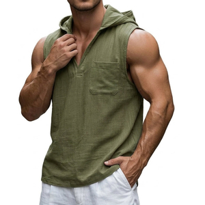 Custom Made Tank Top Wholesale Men's Cotton <b>Blend</b> Sleeveless Hoodie V-Neck Summer Beach Muscle Chest Pocket Tank Tops For Men - Product Image 5