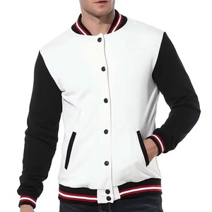 <b>Men's</b> <b>White</b> PU Varsity <b>Jacket</b> Black Sleeves Single Button Closure Stand Windproof Casual Autumn Wear Finished OEM Service Front - Product Image 3