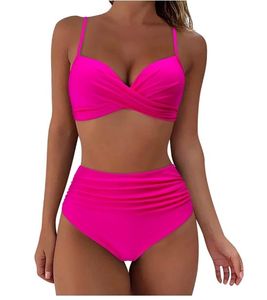 Conjunto de bikini de dos piezas para mujer, top halter cruzado, parte inferior de cintura alta, traje de baño elástico de color sólido - Product Image 2