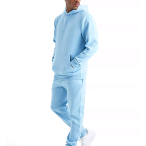 Ensemble de survêtement bleu clair à capuche pour homme, pantalon de jogging décontracté en coton de couleur unie avec poches latérales, coupe classique, idéal pour l'automne - Product Image 1
