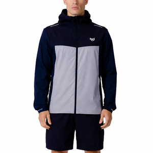Wholesale <b>Men</b>’s Navy Grey Colorblock Hooded Windbreaker <b>Lightweight</b> Water Resistant Full Zip Outdoor Sports <b>Men's</b> <b>Jackets</b> Supply - Product Image 5