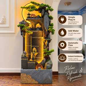 Fuente de Agua en Cascada con Diseño de Montaña Zen Japonesa, Escultura de Bonsái de Piedra, Iluminada, con Figura de Ciervo - Product Image 3