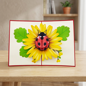 Tarjeta de felicitación 3D con diseño de mariquita y girasol, hecha a mano, de papel, con temática animal, para cumpleaños, AN351 - Product Image 1