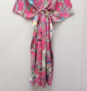 Robe Kaftan Indienne Mi-Longue Florale Légère en Coton Rose Motif Singe, Style Bohème Vintage, pour Plage ou Nuit, Idéale pour l'Été - Product Image 4