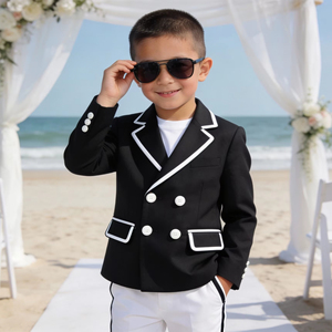Costume de blazer noir à double boutonnage pour garçons pour mariage à la plage |   Costume de fête formel pour enfants avec passepoil blanc - Product Image 1