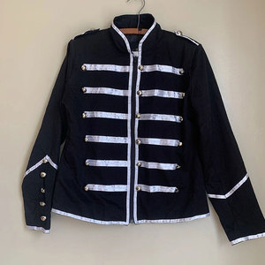 Dark <b>Jacket</b> Coat Black <b>Gothic</b> Rock Punk Moto Contrasting Trim Silver Buttons Wholesale 2026 - Product Image 1