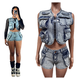 Women Vintage Washed Denim <b>Crop</b> Vest & Shorts Set Casual Spring Summer <b>Y2K</b> Style Two Piece Outfit - Product Image 1