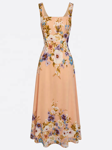 Robe longue sans manches à motif floral pêche pour femme – Confort estival, élégance et polyvalence – Robe de soirée longue coupe trapèze pour femme - Product Image 2