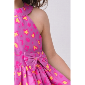 Vestido casual de algodón tejido con cuello halter y corte evasé para niñas con lazo rosa - Product Image 2