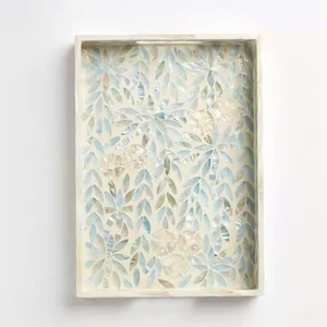 Rectangular Mother of Pearl Serving Tray Nacre Wood <b>Lap</b> Ottoman Tray Coffee <b>Table</b>, Luxury Decorative Handmade Eating Platters - Product Image 4