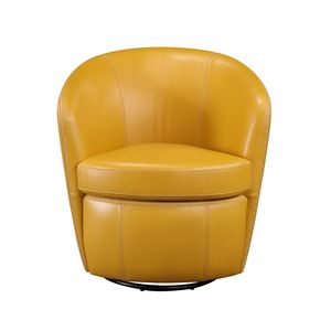 Fauteuil pivotant de luxe 1 pièce avec dossier tonneau en bois massif et revêtement en cuir pleine fleur jaune pour salon - Product Image 2