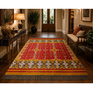 Tapis d'intérieur en laine et jute tissé à la main, coloré, style bohème, géométrique, kilim, rouge, jaune, tribal, moderne, pour salon, avec franges - Product Image 1