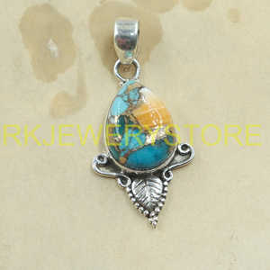 Pendentif en argent sterling 925 avec turquoise d'huître épineuse orange, fait main, style bohème vintage, motif feuille, bijou en pierre précieuse, cadeau unisexe pour elle - Product Image 5