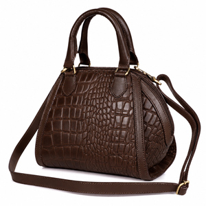Sac à main pour femme en cuir véritable gaufré crocodile, marron vintage, avec poignée supérieure et bandoulière réglable - Product Image 1