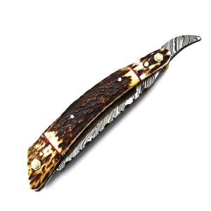 MORTAL SAGA Rasoir de Barbier Premium en Acier Damas Léger, Fait Main, Lame Ultra-Tranchante, Manche Personnalisé en Corne de Cerf et Cuir, Sûr - Product Image 5