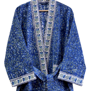 Peignoirs en coton gaufré artisanal bleu marine à motifs floraux, faits à la main en Inde, écologiques, pour femmes, pour la plage et le spa - Product Image 5