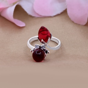 Bague ouverte en argent sterling 925 massif, motif floral en forme de goutte d'eau rouge, bijoux fins, Memoria Jewels - Product Image 4