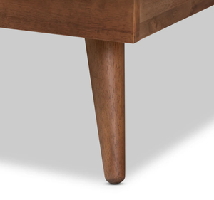 Lit plateforme scandinave à profil bas en teck massif de style Mid-Century Modern avec tête de lit en rotin naturel, taille King Size - Product Image 5