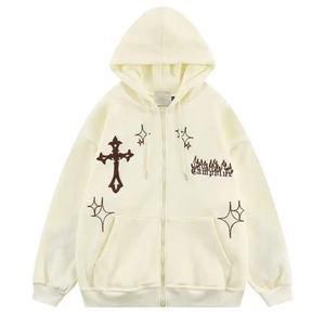 Sudadera con Capucha Gótica para Hombre, Negra, con Estampado de Cruz y Estrella, de Algodón Tejido, Estilo Urbano Otoñal - Product Image 1