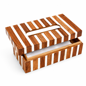 Caja de pañuelos rectangular multifuncional de madera ecológica hecha a mano con incrustaciones de hueso y diseño a rayas, estuche decorativo para servilletas - Product Image 4