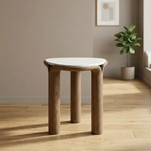 Modern Solid Wood Side <b>Table</b> With White Marble Top Handmade Round Three Leg Accent <b>End</b> <b>Table</b> for Living Room Decor - Product Image 2