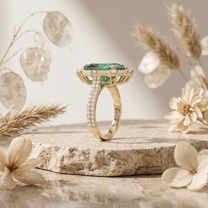 แหวนหมั้นทองคำขาว 14K ประดับมอสซาไนต์สีเขียวทรงมาร์คีส์ ล้อมด้วยเพชรทรงบาแกตต์ ขายส่งเครื่องประดับ - Product Image 2