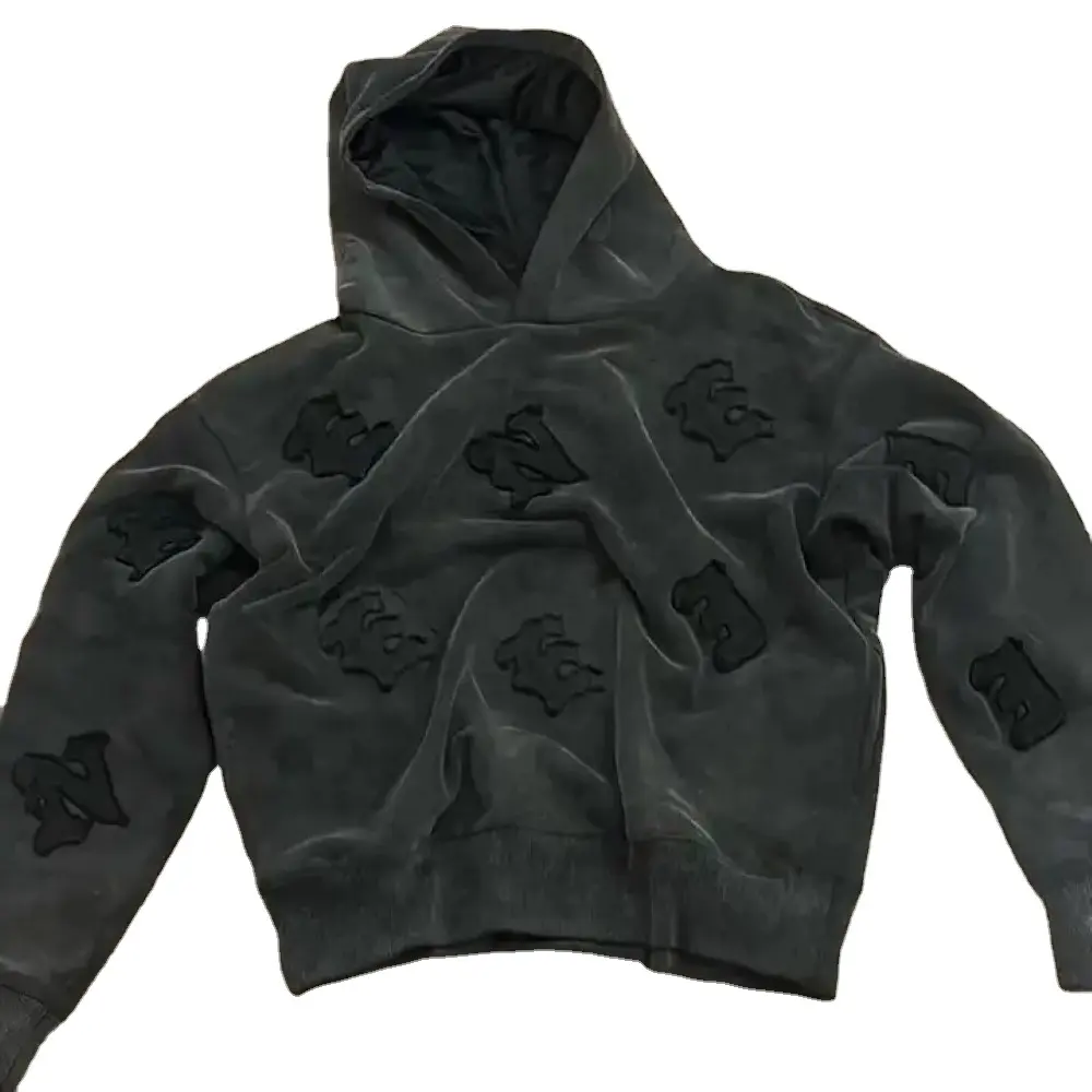 Özel Hoody üreticileri taş yıkama ipek astar Hoodies yüksek kaliteli yama logosu boy sıkıntılı asit yıkama Hoodie erkekler