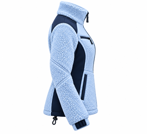 Chaqueta de lana sherpa premium personalizada para mujer, color azul claro, con bloques de color, cuello alto, cierre de cremallera, a prueba de viento, para invierno, con bolsillos, OEM - Product Image 3
