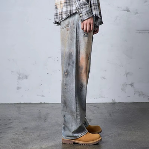 Jean en denim décontracté 100 % coton pour homme, coupe droite ample avec délavage enzymatique intensif, idéal pour l'hiver - Product Image 3