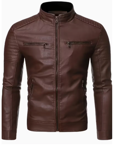 TRIBON SPORTS <b>Men's</b> Brown Cowhide <b>Leather</b> Bomber <b>Jacket</b> Stand Collar Zipper Closure Slim Fit Regular Sleeve Solid Color Winter - Product Image 3