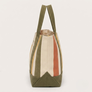 Multi Stripe Cotton <b>Canvas</b> Vintage Tote Bag Eco Friendly Large Capacity Custom Size Olive Green Trim Shoulder Handbag Reusable - Product Image 5