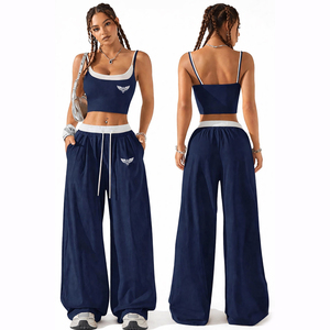 Conjunto de 2 Piezas para Mujer, Top Corto y Pantalones Anchos, Ropa Casual de Calle, Atuendo de Verano, Conjunto a la Moda, Pantalones Holgados, Conjunto Coordinado - Product Image 2