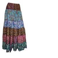 Rok Wanita Seksi Kasual Bahan Sutra Polyester Bernapas Bordir Alami Motif Bunga Panjang Menyentuh Lantai Gaya Boho Barat Berlapis-lapis Ruffle Multi Skirt