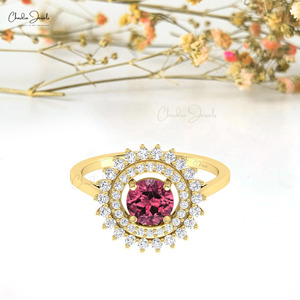 Asian Manufacturers 6mm Prong Set Pink Tourmaline & G-H Diamond Art Deco-Inspired <b>Ring</b> With 14k Solid <b>Gold</b> Dual Birthstone <b>Ring</b> - Product Image 4