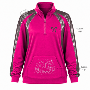 Ensemble de réchauffement pour équipe de cheerleading avec logo personnalisé en strass, veste à col zippé et poche kangourou, tenue de compétition pour équipe - Product Image 6