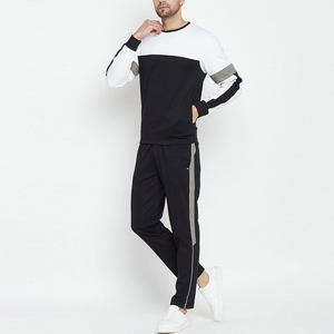 Ensemble de sweat-shirt à col rond pour homme avec blocs de couleur noir, blanc, gris et pantalon de jogging en molleton – Tenue décontractée d'automne - Product Image 4