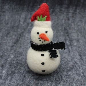Handcrafted Wool Snowman Doll With Red Hat And Black Scarf Traditional Christmas Decoration Indoor Use Up To 3.9in Height - Product Image 3