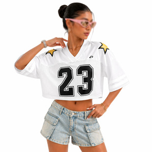 Camiseta de fútbol americano para mujer, top corto de malla rosa, ajuste holgado, manga corta, logotipo personalizado, uniforme de equipo, suministro OEM al por mayor - Product Image 5