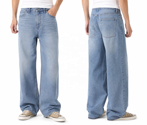 Jean en denim bleu clair pour homme, coupe large, taille haute, décontracté, longueur intégrale, en coton délavé, style streetwear - Product Image 1